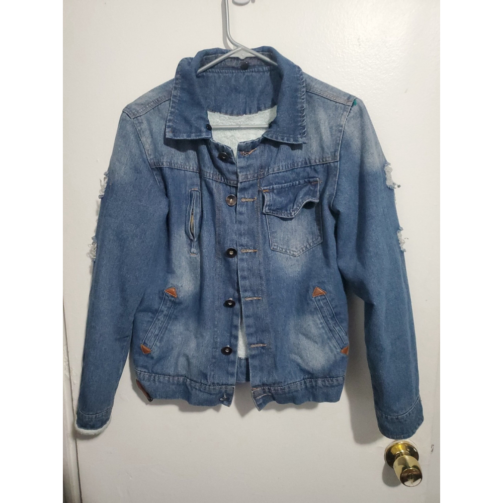 Yi Jian Mei Denim Fur Lined Jacket Faux Leather Accents Medium M Pockets